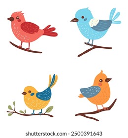 Collection of Colorful Cute Bird Animal Cartoon Perched on a Tree Branch