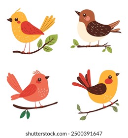 Collection of Colorful Cute Bird Animal Cartoon Perched on a Tree Branch