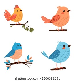 Collection of Colorful Cute Bird Animal Cartoon Perched on a Tree Branch