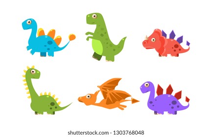 Collection Of Colorful Cute Dinosaurs, Happy Cartoon Dino Characters Vector Illustration