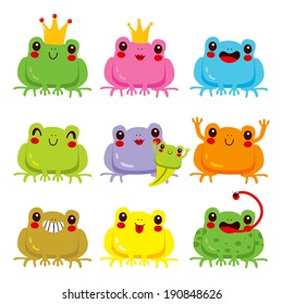 Collection of colorful cute frogs with different funny face expressions