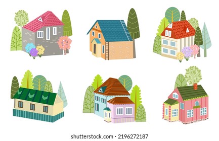 collection of colorful cute houses surrounded trees. village brick cottage with tiled rooftop. cartoon vector illustration of isolated rural buildings with blossom trees and bushes on white background