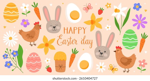 Collection of colorful cute illustrations for Easter day. Bunnies, spring flowers, Easter eggs, chickens and carrots.