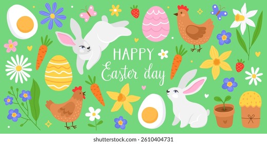 Collection of colorful cute illustrations for Easter day. Bunnies, spring flowers, Easter eggs, chickens and carrots. 