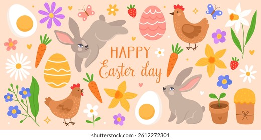 Collection of colorful cute illustrations for Easter day. Bunnies, spring flowers, Easter eggs, chickens and carrots.