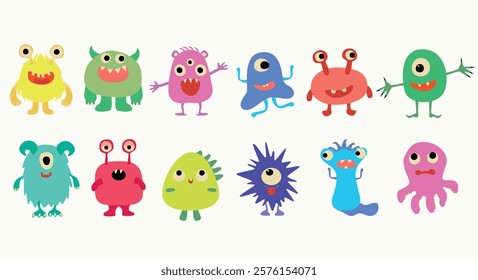 A collection of colorful, cute monsters with unique shapes and features. The illustration includes a variety of designs: monsters with one or multiple eyes, horns, sharp teeth