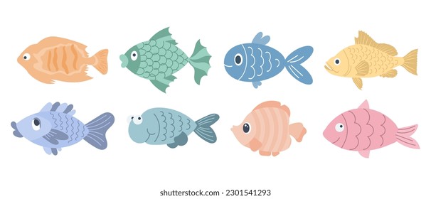 Collection of colorful cute sea fishes. Icons in cartoon style for children, vector