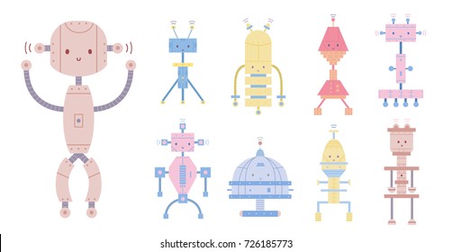 Collection of colorful cute smiling robots isolated on white background. Bundle of different toy cyborgs, funny electronic monsters or mechanical creatures. Cartoon characters. Vector illustration.