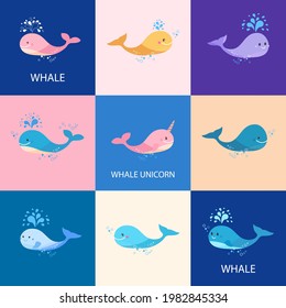 collection of colorful cute whales. A small cheerful whale and pink unicorn whale. Vector illustration for children packaging.