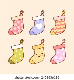 collection of colorful decorated christmas socks, cute christmas stocking illustration