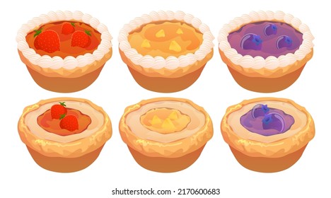 Colección de deliciosa tarta colorida con fresa, frambuesa, limón, naranja, huevo, mora, mermelada de frutos de arándano en dibujos animados, ilustración vectorial