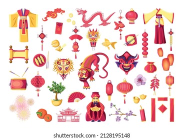 Colección de coloridas ilustraciones detalladas con artículos de celebración del Año Nuevo chino. Ilustraciones asociadas con la cultura y las tradiciones chinas.