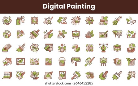 A collection of colorful digital painting icons showcasing art tools, techniques, and nature-inspired designs. Ideal for artists and creative enthusiasts.