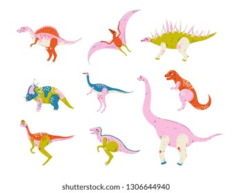 Collection of Colorful Dinosaurs, Pterodactyl, Carnotaurus, Styracosaurus, Diplodocus, Compsognathus, Brachiosaurus, Brontosaurus, Tyrannosaurus, Velociraptor Cute Prehistoric Animals Vector