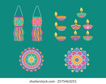 collection of colorful divas lighter , rangoli and decoration lantern illustration