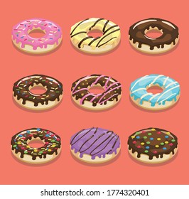 collection of colorful Donut vector illustrations, various flavors and shapes