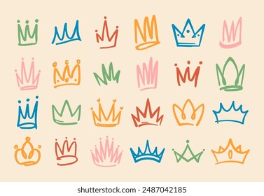 Collection Of Colorful Doodle Crowns In Various Styles And Designs Against A Beige Background. Royalty-themed Designs