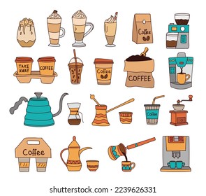 Collection of colorful doodle drawn illustrations of tools and stuffs for coffee brewing and drinking. Coffee items and equipments hand drawn colorful icons set in vector.