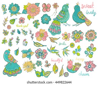 Collection of colorful doodle floral elements and bird and calligraphy for beautiful design, Vector