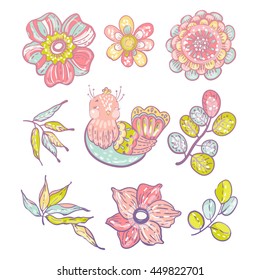 Collection of colorful doodle floral elements and bird for beautiful design, Vector