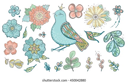 Collection of colorful doodle floral elements and bird and for beautiful design, Vector