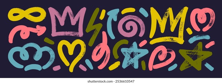 Collection of colorful doodle grunge figures, squiggles and crowns. Funky arrows, heart, star shape and spiral. Punk style elements for collages and hip hop design. Primitive geometric forms set.