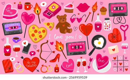 Collection of colorful doodle icons on the theme of love and romance. Valentine's day illustration on pink background. Heart, music cassette, teddy bear, lollipop, match, pizza, gift box.