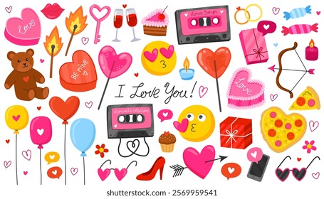 Collection of colorful doodle icons on the theme of love and romance. Valentine's day illustration on white background. Heart, music cassette, teddy bear, lollipop, balloons, pizza, gift box.