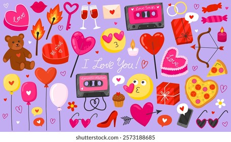 Collection of colorful doodle icons on the theme of love and romance. Valentine's day illustration on blue background. Heart, music cassette, teddy bear, lollipop, balloons, pizza, gift box.