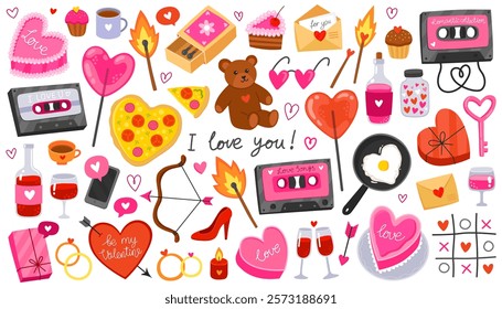 Collection of colorful doodle icons on the theme of love and romance. Valentine's day illustration on white background. Heart, music cassette, teddy bear, lollipop, match, pizza, gift box.