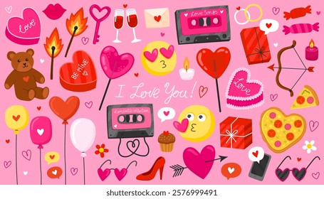 Collection of colorful doodle icons on the theme of love and romance. Valentine's day illustration on pink background. Heart, music cassette, teddy bear, lollipop, balloons, pizza, gift box.