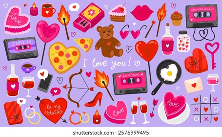 Collection of colorful doodle icons on the theme of love and romance. Valentine's day illustration on blue background. Heart, music cassette, teddy bear, lollipop, match, pizza, gift box.