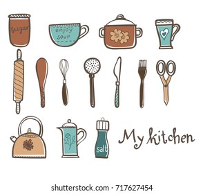 Collection of colorful doodle kitchen supplies isolated on white background. Vector illustration for your design.