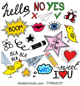 Collection of colorful doodle speech bubbles and writing elements 