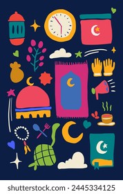 Collection of colorful doodles with islamic eid and ramadhan set, mosque and holy quran and dates