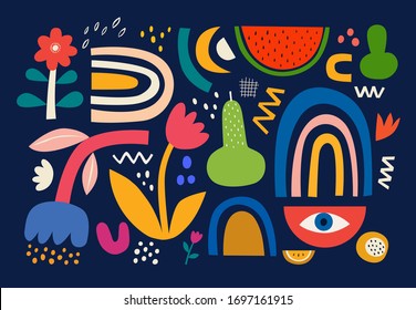 Collection of colorful doodles with sweet summer fruits watermelon, pear and flowers and leaves