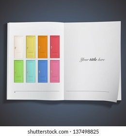 Collection of colorful doors inside a book. Vector design.