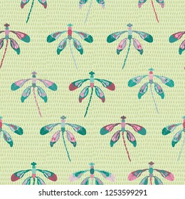 Collection of colorful dragonflies arranged in rows on a drop- textured background in a folk art style. Seamless repeat vector pattern.
