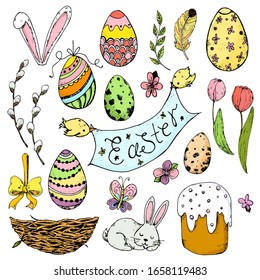 Collection of colorful Easter doodle. Big Set of cute Happy Easter cartoon characters and design elements isolated on white background. Bunnies, Easter eggs, flowers. Spring vector illustration.