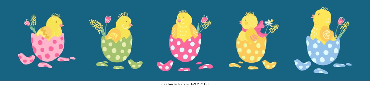 Collection of colorful easter eggs with cute little chickens and spring flowers - tulips, mimosa, narcissus. Great for Easter products design. Hand drawn vector illustration isolated on dark.