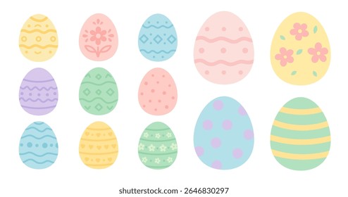 Uma coleção de ovos de Páscoa coloridos decorados com padrões e flores. Estes ovos de Páscoa representam tradições e alegria festivas da Páscoa.