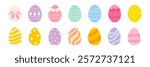 A collection of colorful Easter eggs with different patterns and designs. The eggs are arranged in a row, with some being larger than others. Scene is cheerful and festive