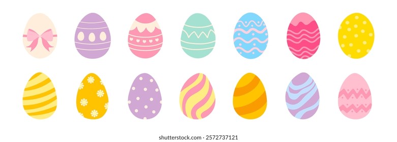 A collection of colorful Easter eggs with different patterns and designs. The eggs are arranged in a row, with some being larger than others. Scene is cheerful and festive