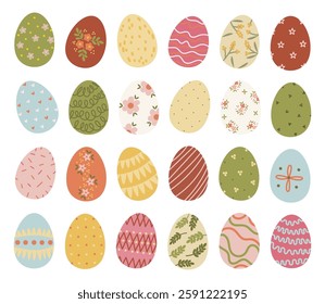 Collection of colorful Easter eggs with floral, geometric and abstract patterns. Unique hand drawn designs with natural pastel shades. Set of painted eggs with ornament. Flat vector illustration.