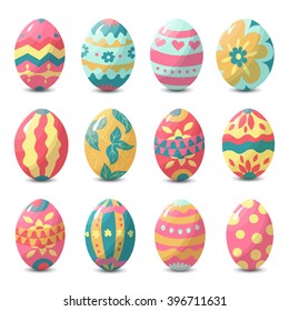 Collection of colorful easter eggs with random holiday pattern, vector illustration