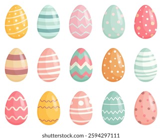 A collection of colorful Easter eggs with various decorative patterns on a white background. Bright festive design, perfect for holiday themes and seasonal decorations.