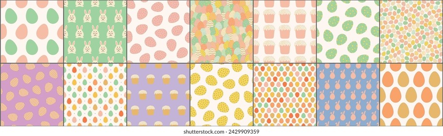 Collection of colorful Easter seamless drawing patterns. Holiday repeatable cute artistic hand drawn backgrounds. Bright endless textile prints. Vector illustration