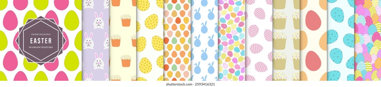 Collection of colorful Easter seamless drawing patterns. Holiday repeatable cute artistic hand drawn backgrounds with eggs, pie and rabbits. Bright endless prints. Vector illustration