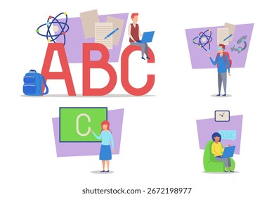 Collection of colorful educational environment with students engaging in various learning activities