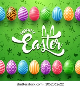 Collection of colorful eggs easter on cute doodle background